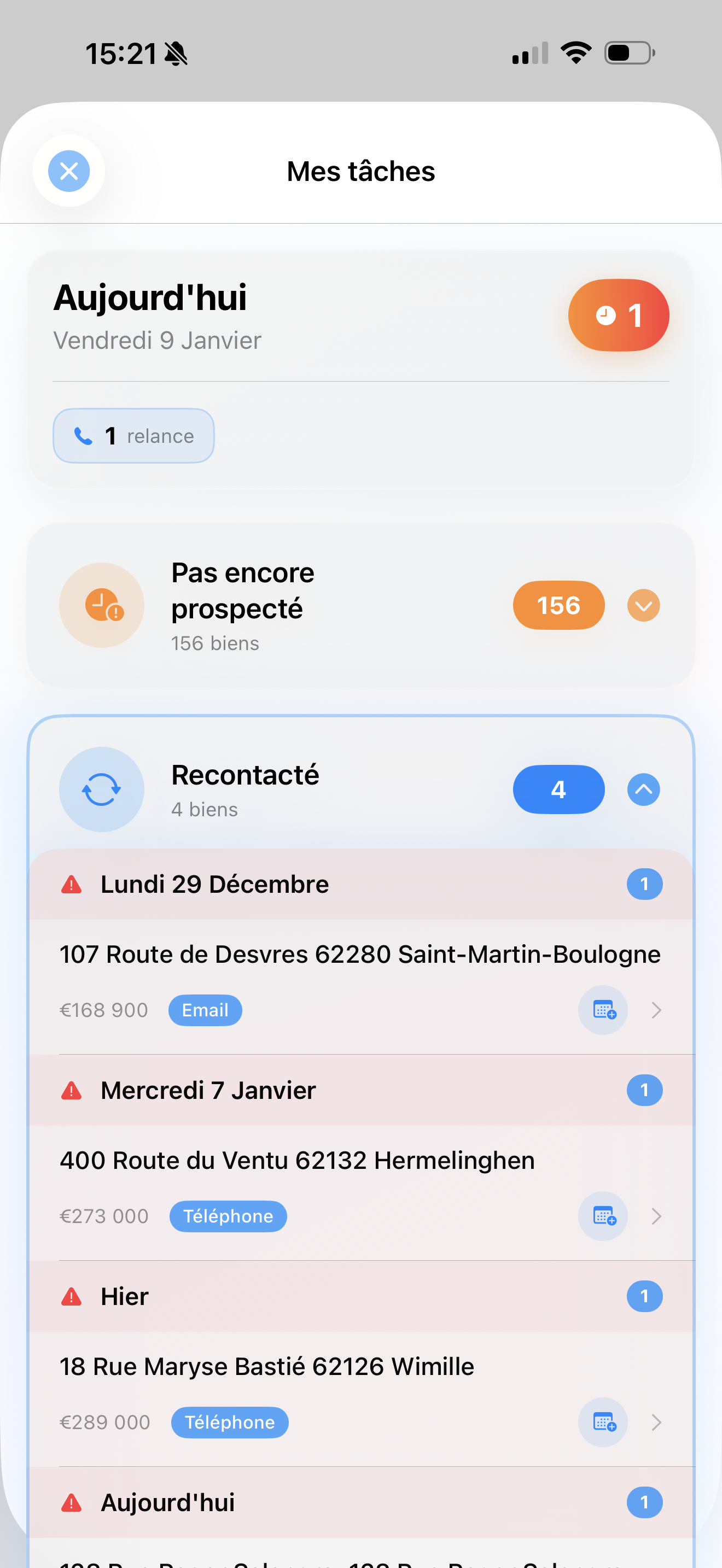 Dashboard des tâches et relances